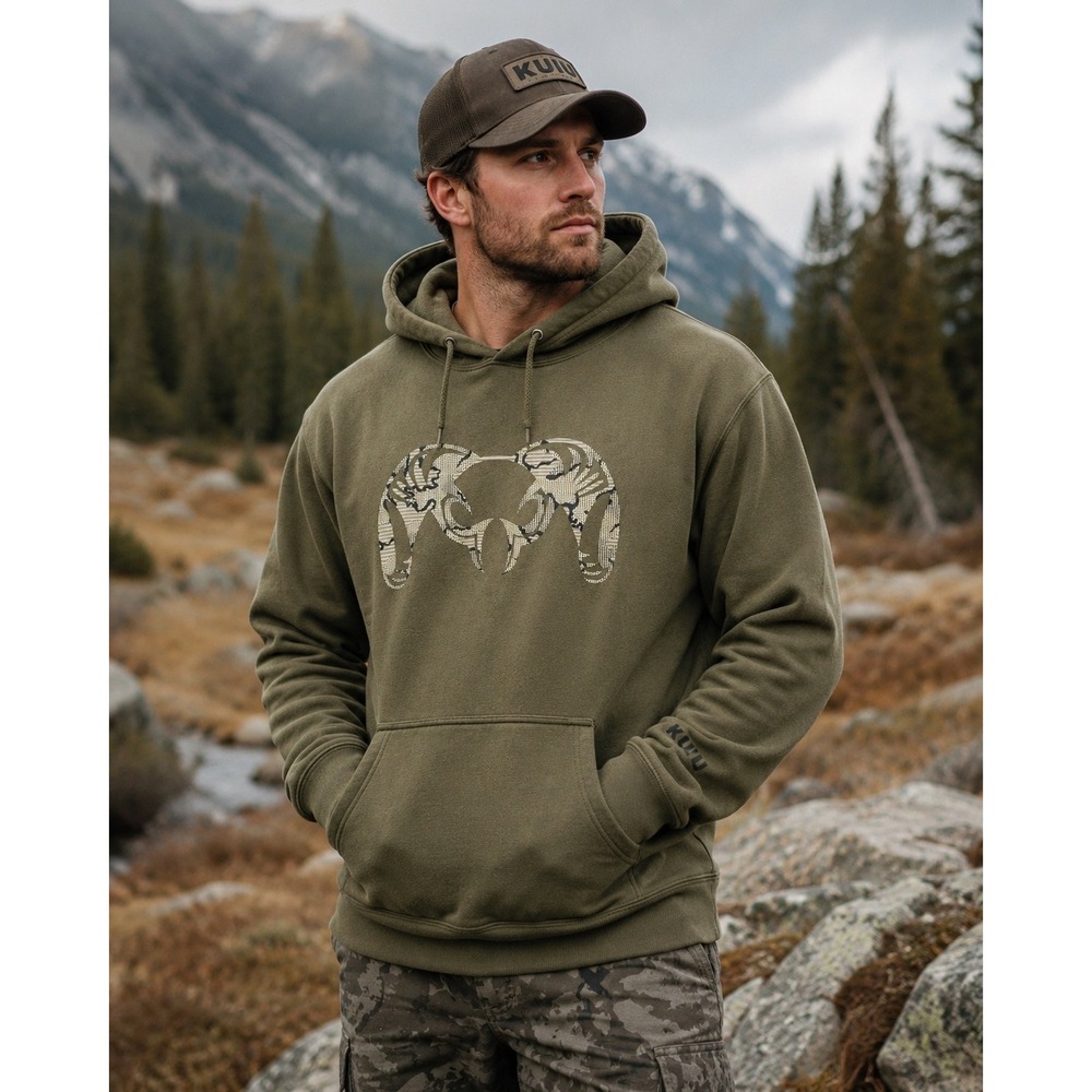 KUIU Mens Olive Green Ram Logo Graphic Fleece Hoodie Sweatshirt XL IND4000C